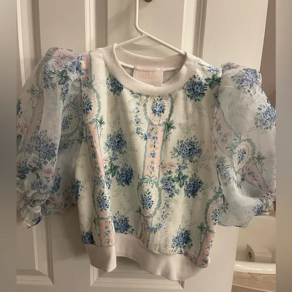 Selkie Floral Puff Sleeve Sweatshirt - Blue and Pink - Picture 2 of 4